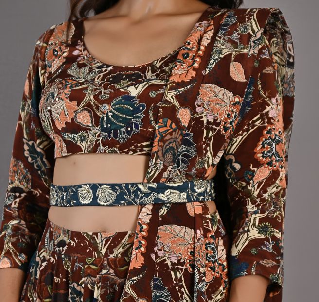 Zaria- Maroon & Multi Printed Lehenga with Embroidered Blouse & Belt Set