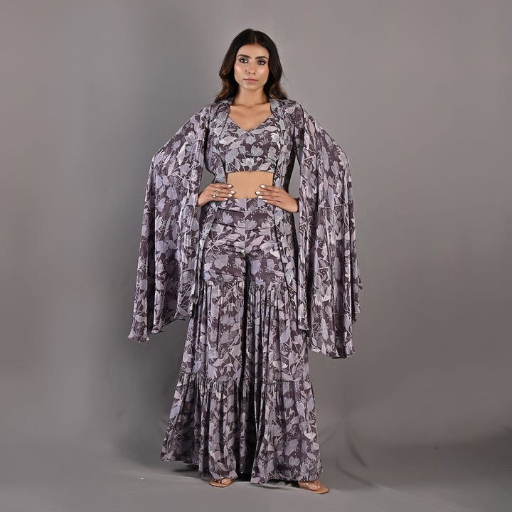 Voila- Mauve Floral Printed Embroidered Top with Cape & Sharara Set