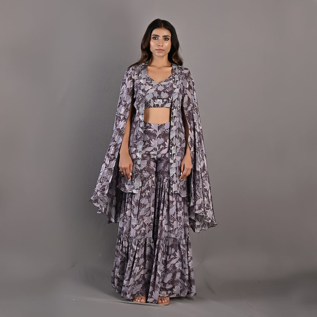 Voila- Mauve Floral Printed Embroidered Top with Cape & Sharara Set