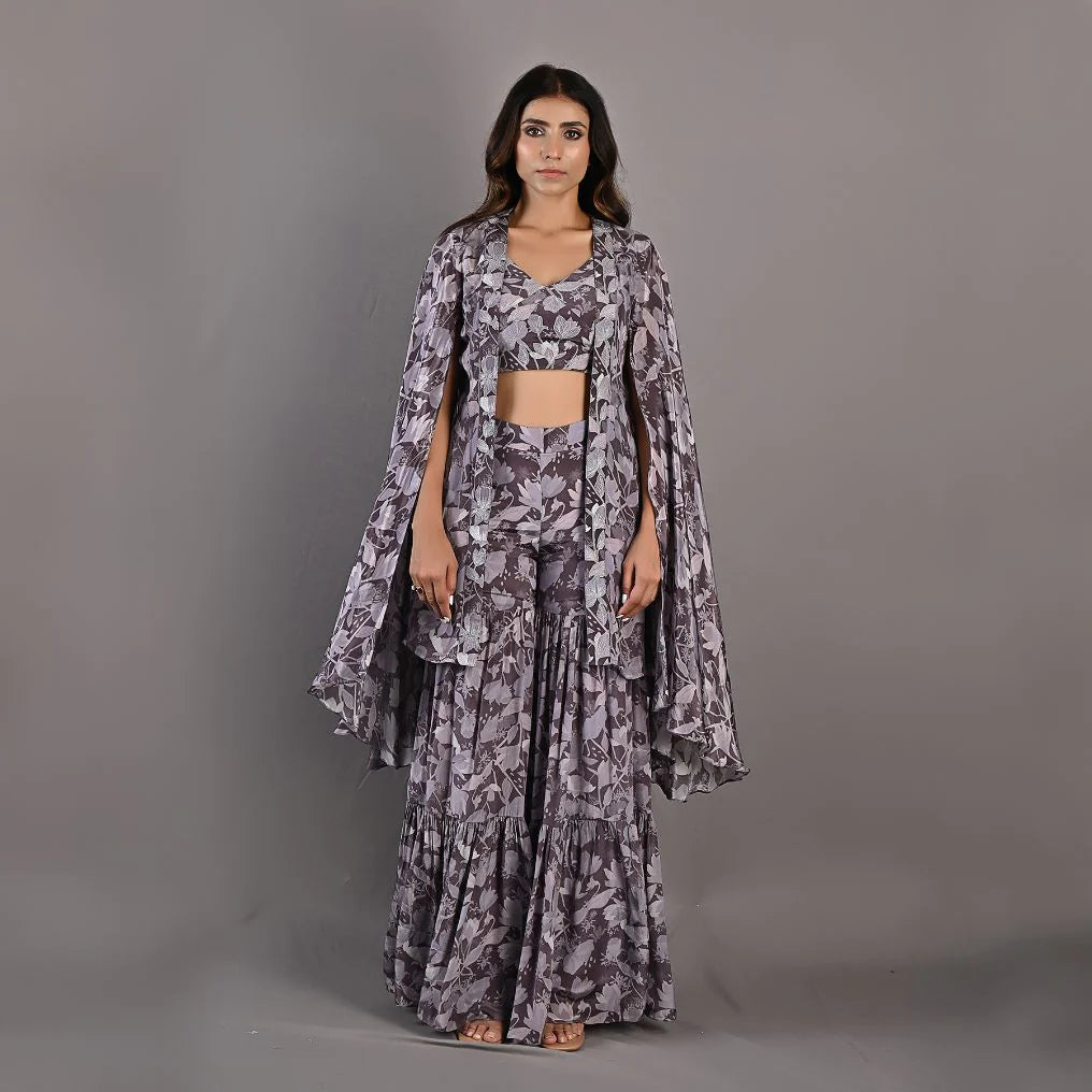 VOILA - Printed Embroidered Crop Top With Sharara Set