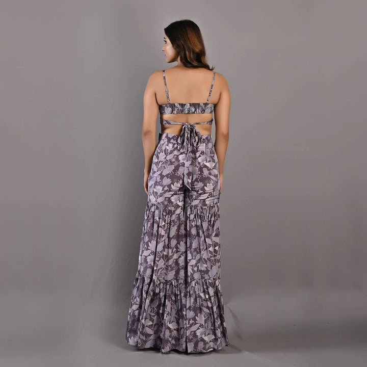VOILA - Printed Embroidered Crop Top With Sharara Set
