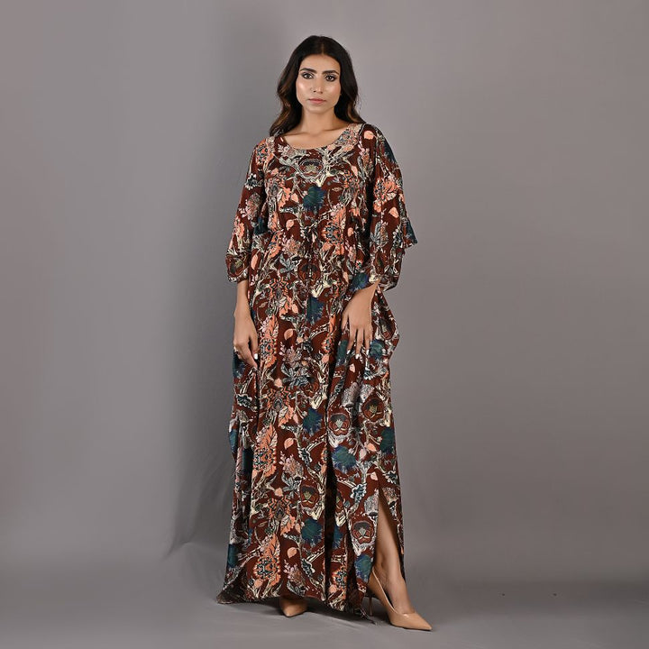 Raisa- Maroon & Multi Printed Kaftan Dress with Embroidered Neckline