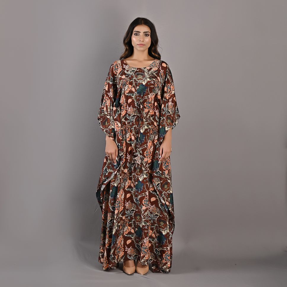 Raisa- Maroon & Multi Printed Kaftan Dress with Embroidered Neckline