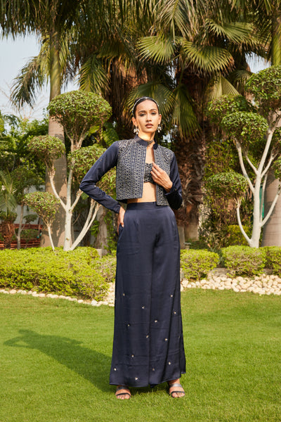 Naila- Navy Blue Embroidered Co-ord Jacket & Blouse with Wide Flare Pants Set