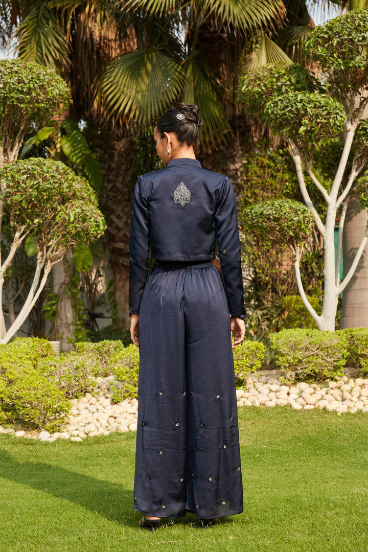 Naila- Navy Blue Embroidered Co-ord Jacket & Blouse with Wide Flare Pants Set