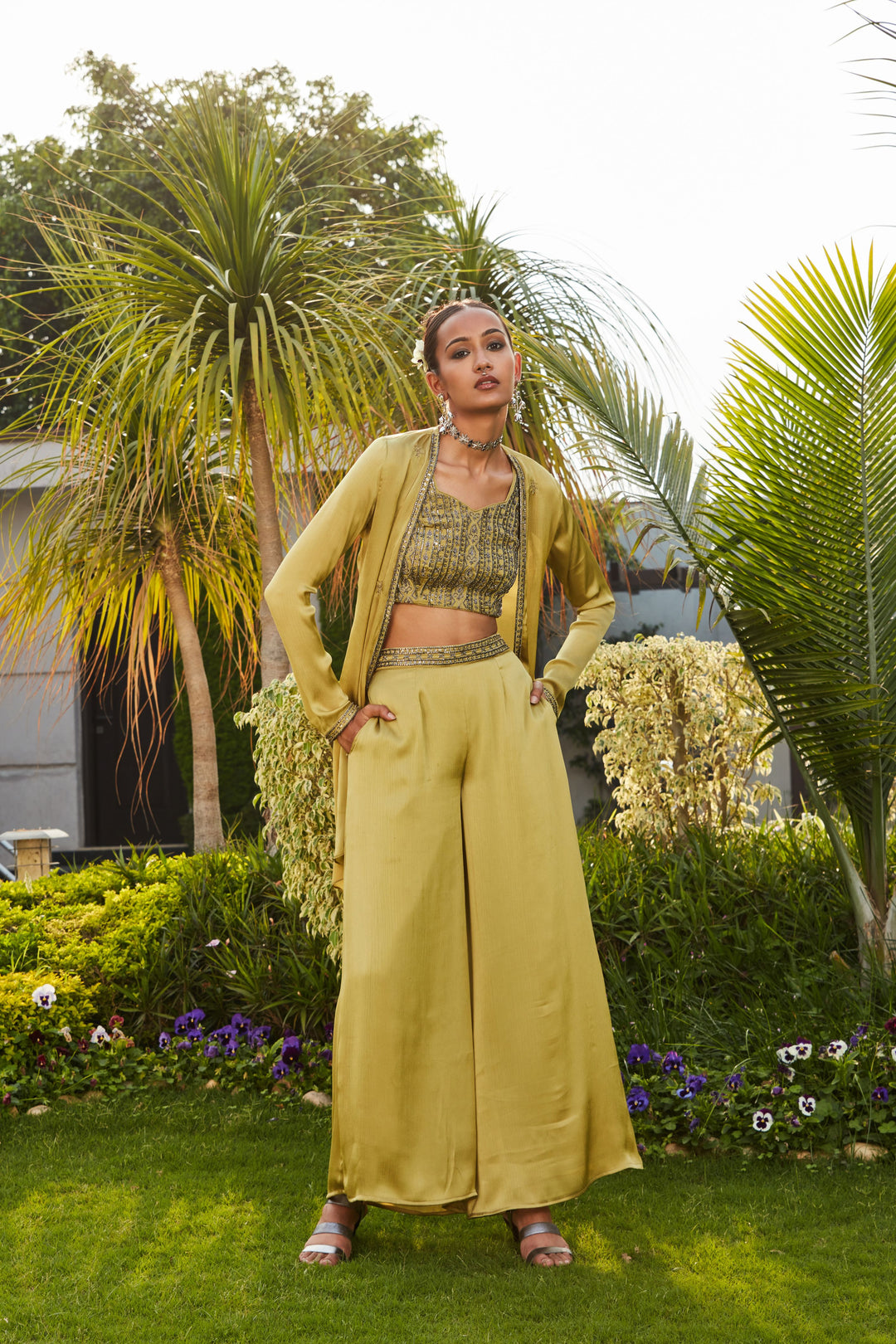 Yara- Sage Green Embroidered Co-ord Top & Cape with Wide Flared Pants Set