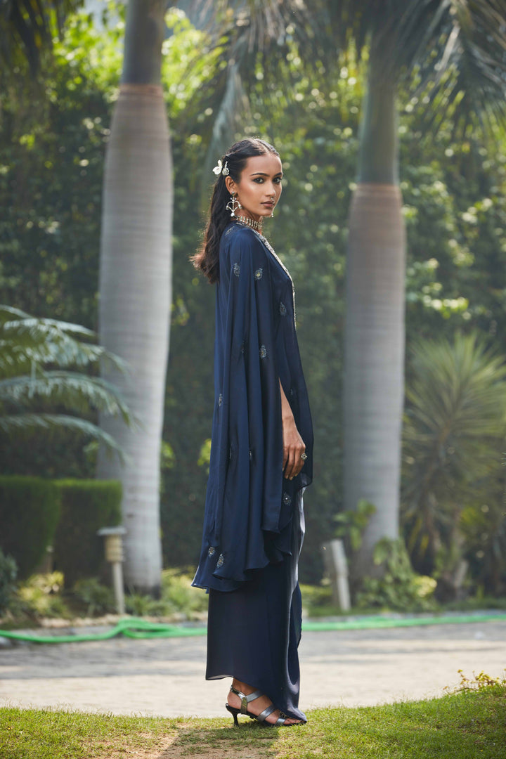 Nermin- Navy Blue Embroidered Co-ord Top & Cape with Draped Skirt Set