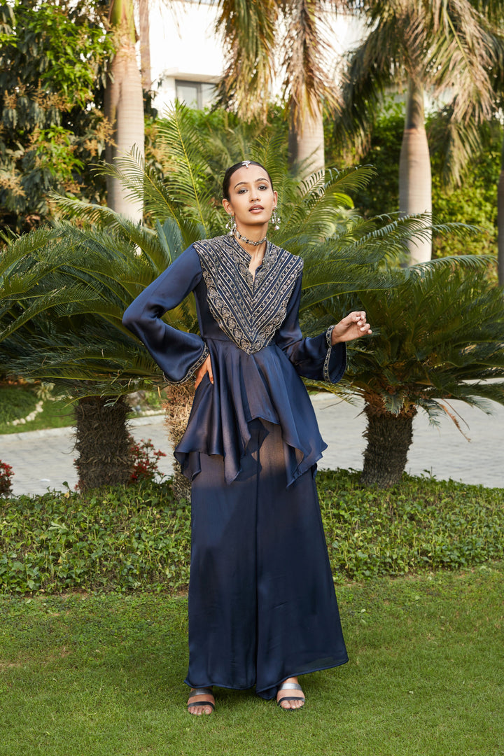 Zahrah- Navy Blue Embroidered Peplum Flared Top & Wide-flared Pants Co-ord Set