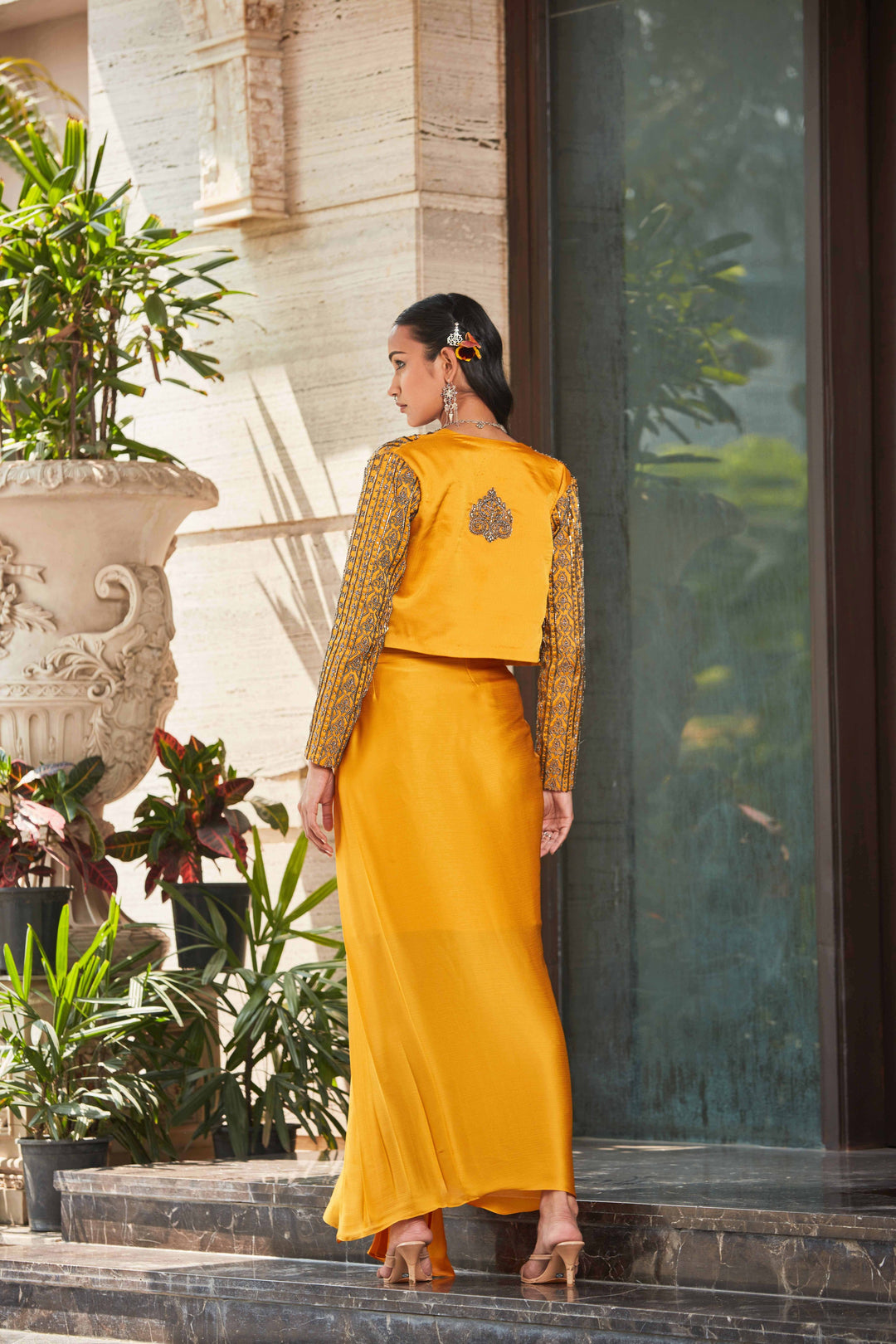 Aminah- Mustard Embroidered Co-ord Jacket with Blouse & Draped Skirt Set