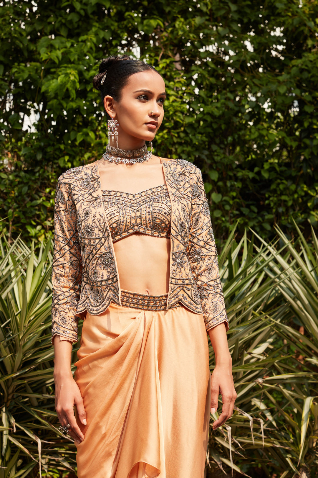 Noor- Rose Gold Embroidered Co-ord Jacket  & Draped Skirt Set