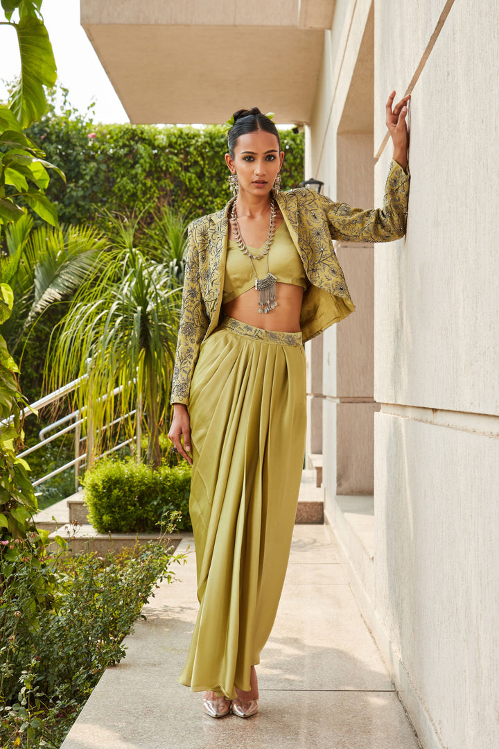 Samara- Sage Green Embroidered Co-ord Jacket & Draped Skirt Set