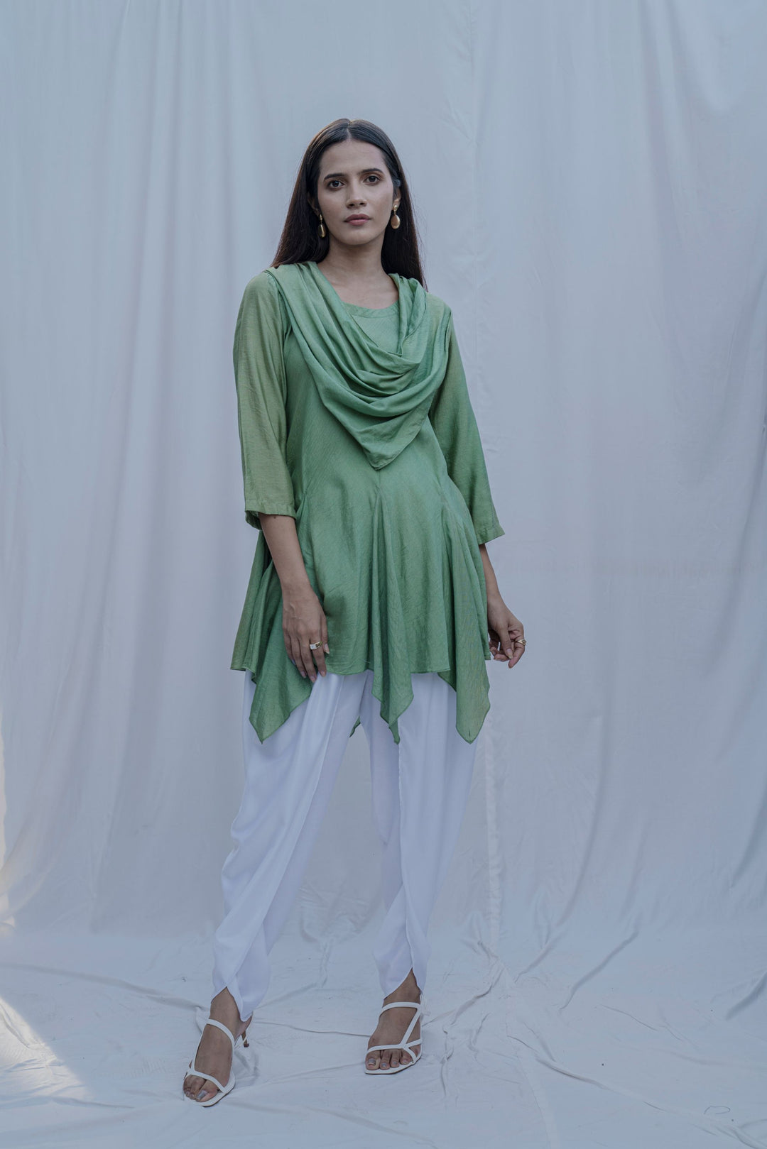Dream Cowl Top in Light Green and Tulip Dhoti in White - Set