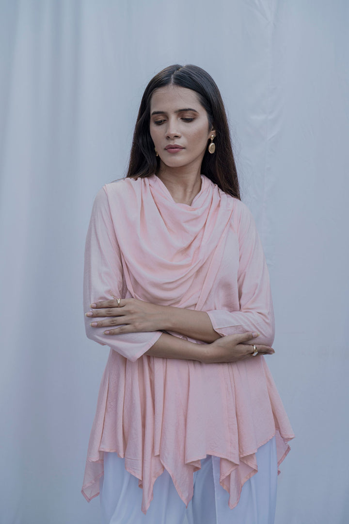 Dream Cowl Top in Peach and Tulip Dhoti in White - Set