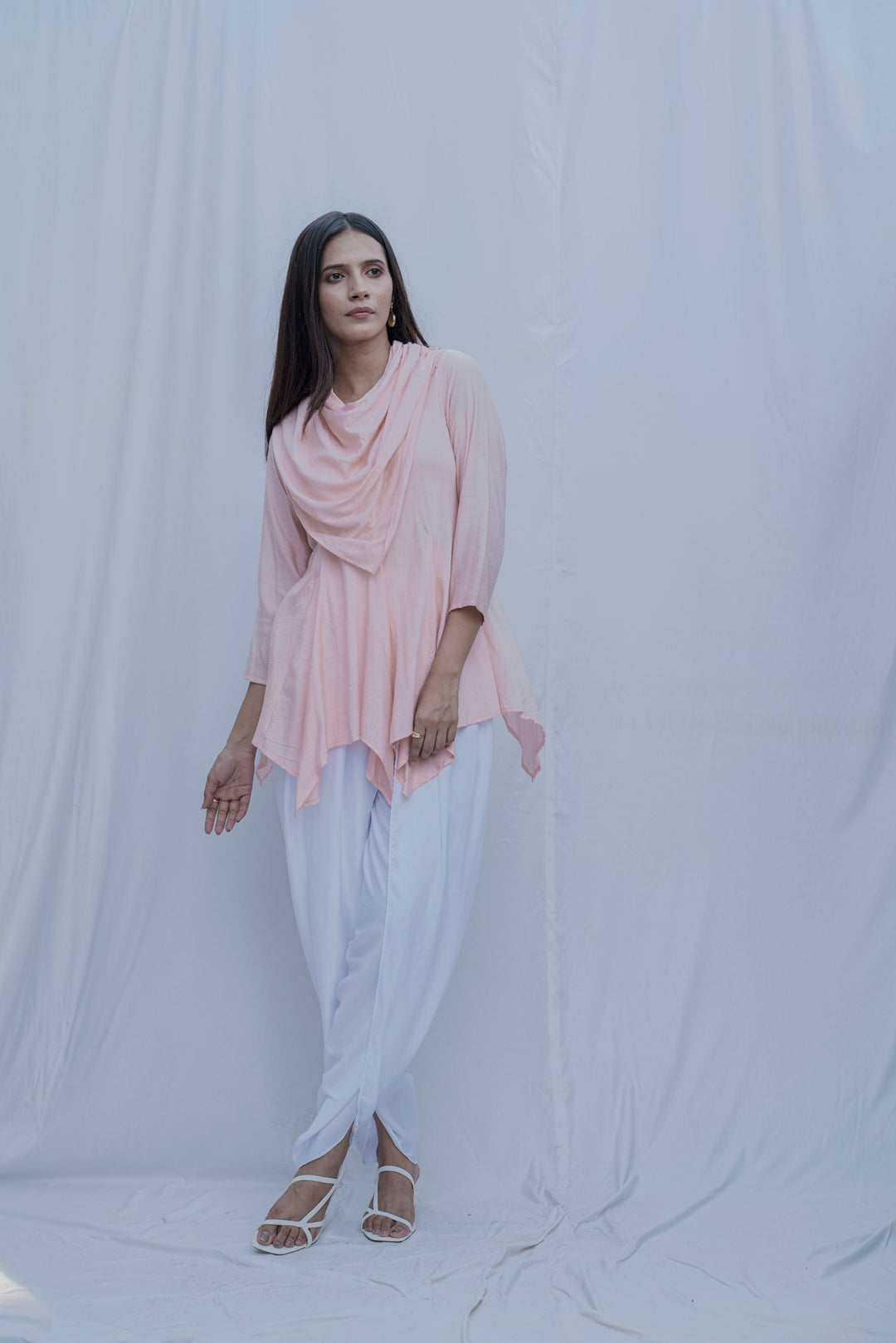 Dream Cowl Top in Peach and Tulip Dhoti in White - Set