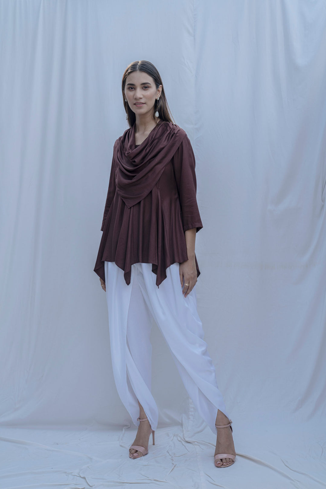 Dream Cowl Top in Brown  and Tulip Dhoti in White - Set
