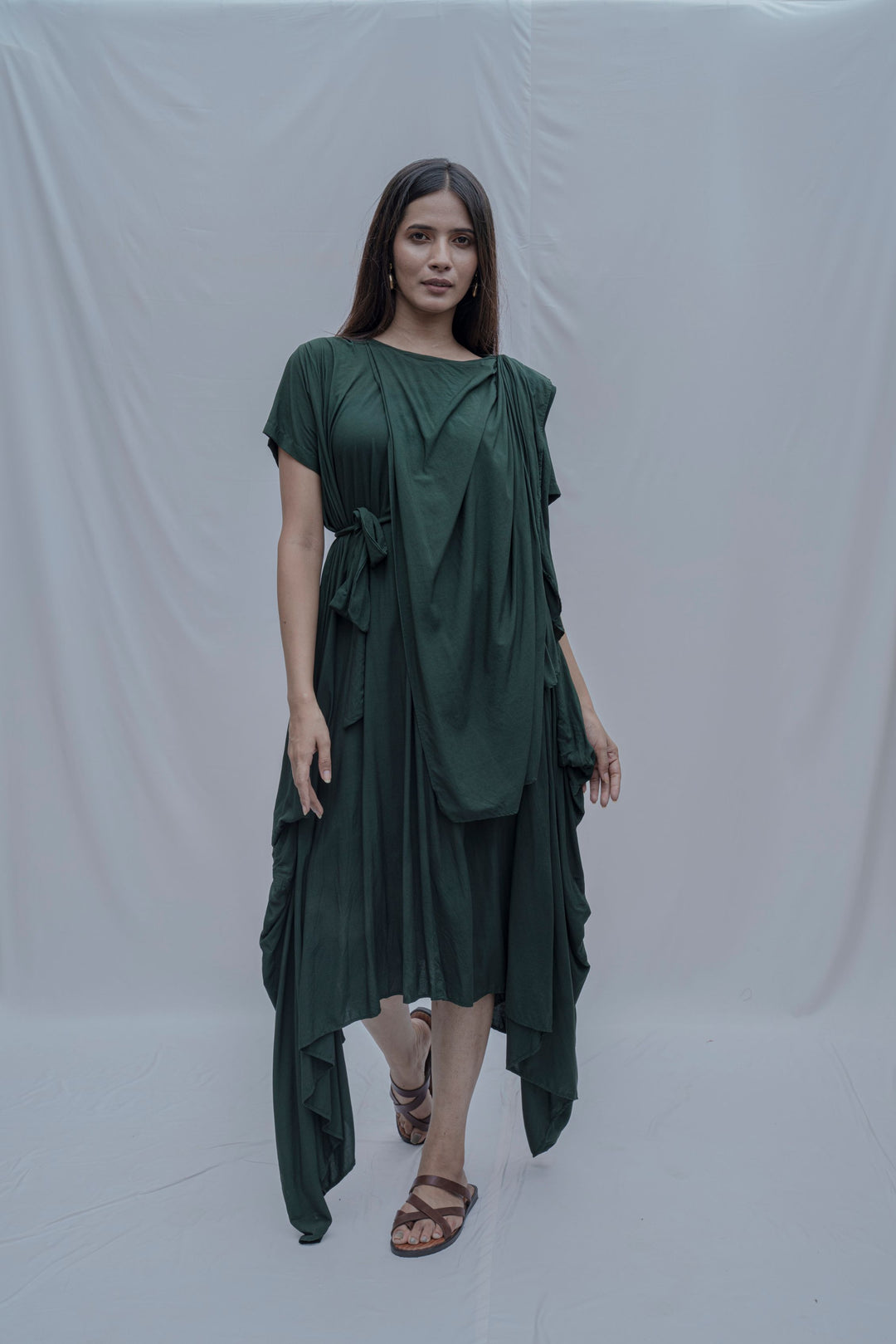Jess- Bottle Green Overlap Asymmetric Draped Dress