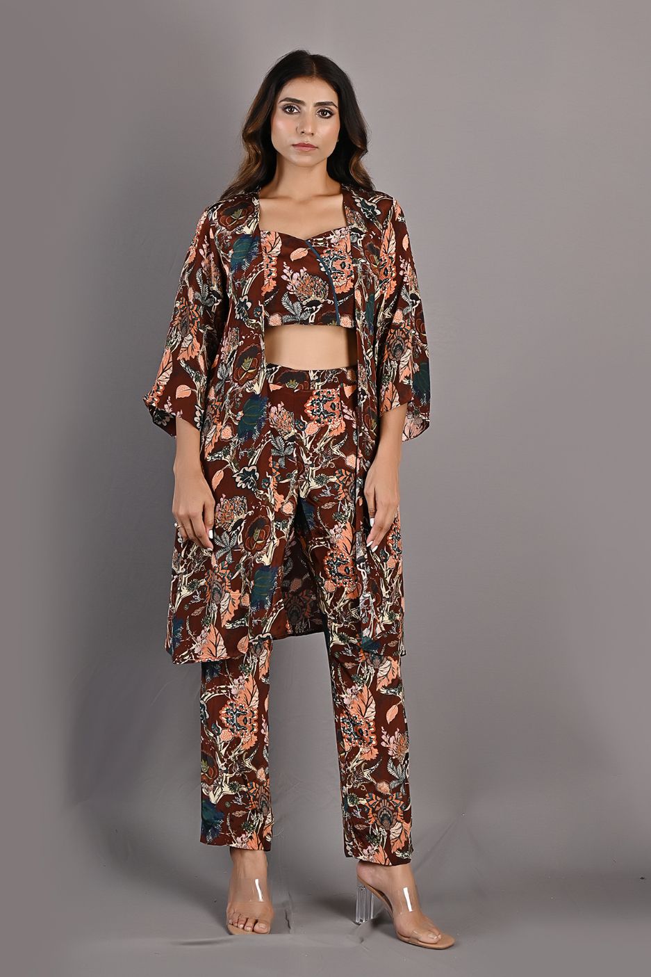 Elestren- Printed Co-ord Embroidered Top with Cape & Pants Set