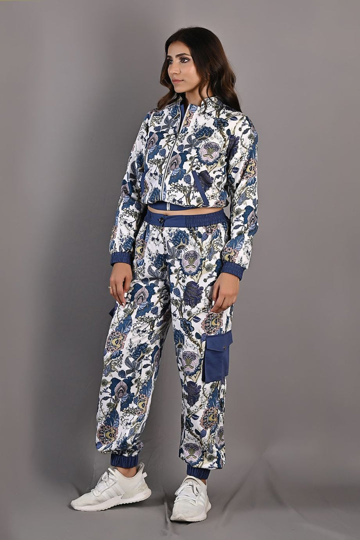 Laurel - Off White & Multi - Blue Printed Bomber Jacket & Pants Set