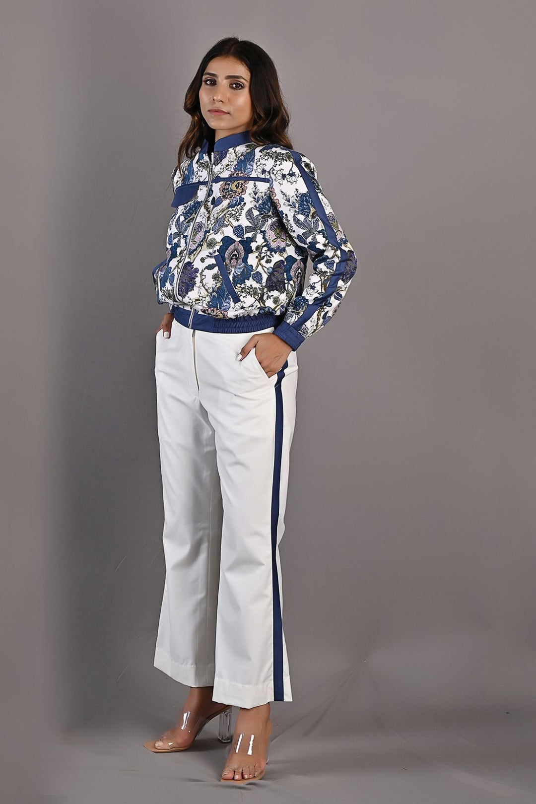 Magnolia- Printed Bomber Jacket Set with Off White Bell Bottoms