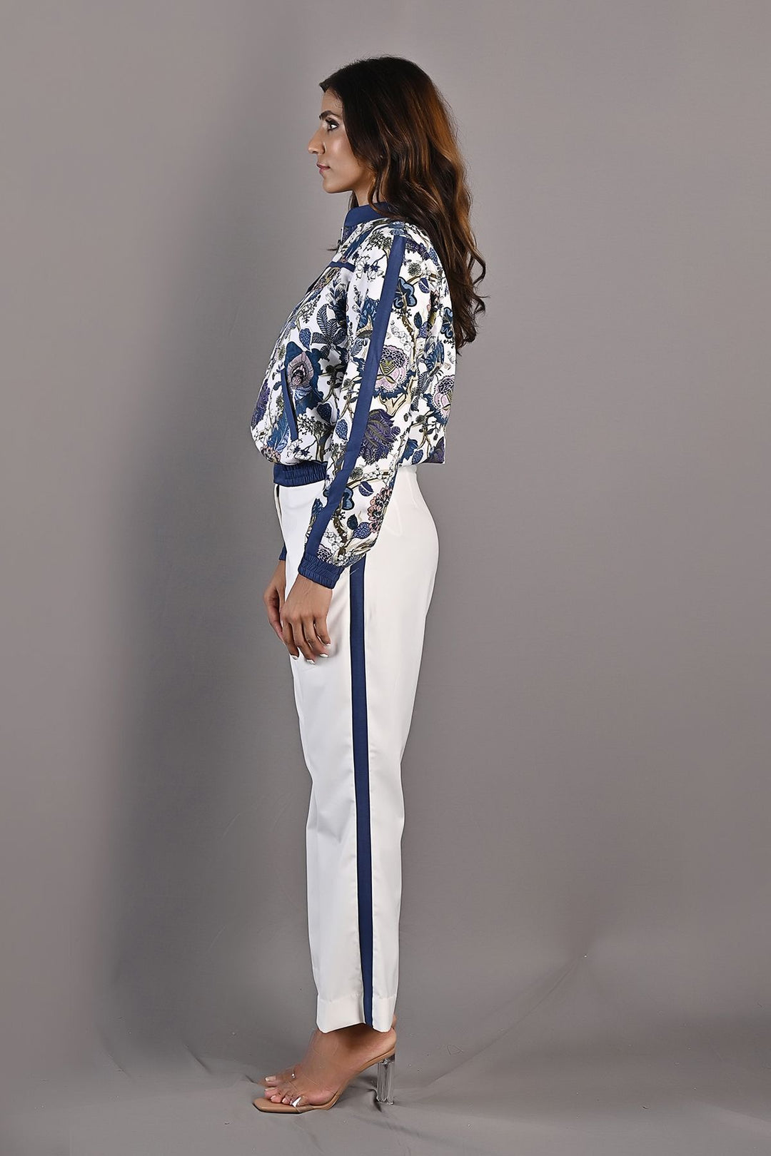 Magnolia- Printed Bomber Jacket Set with Off White Bell Bottoms