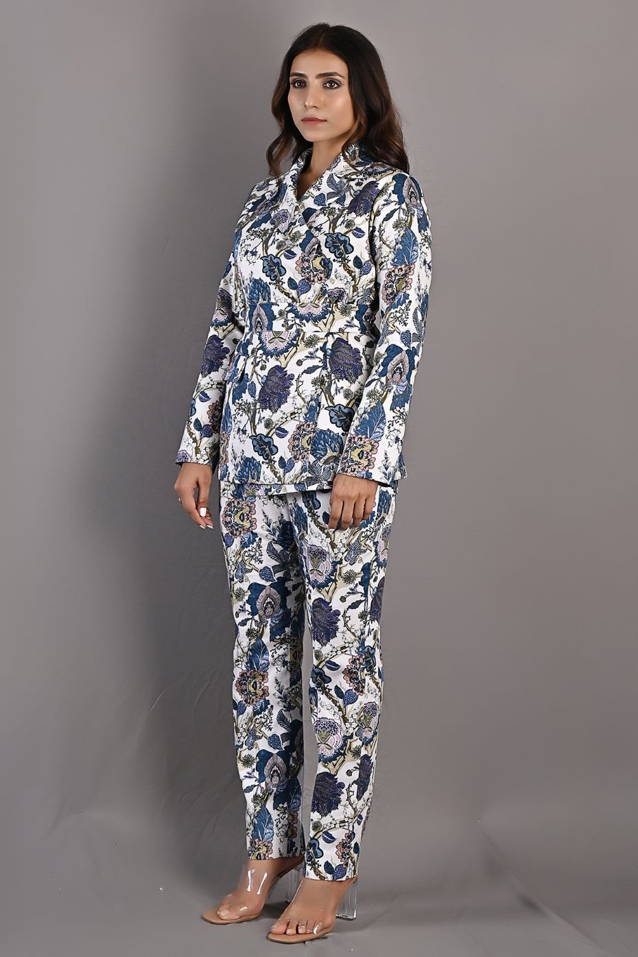 Erica - Off White & Multi - Blue Printed Jacket Set