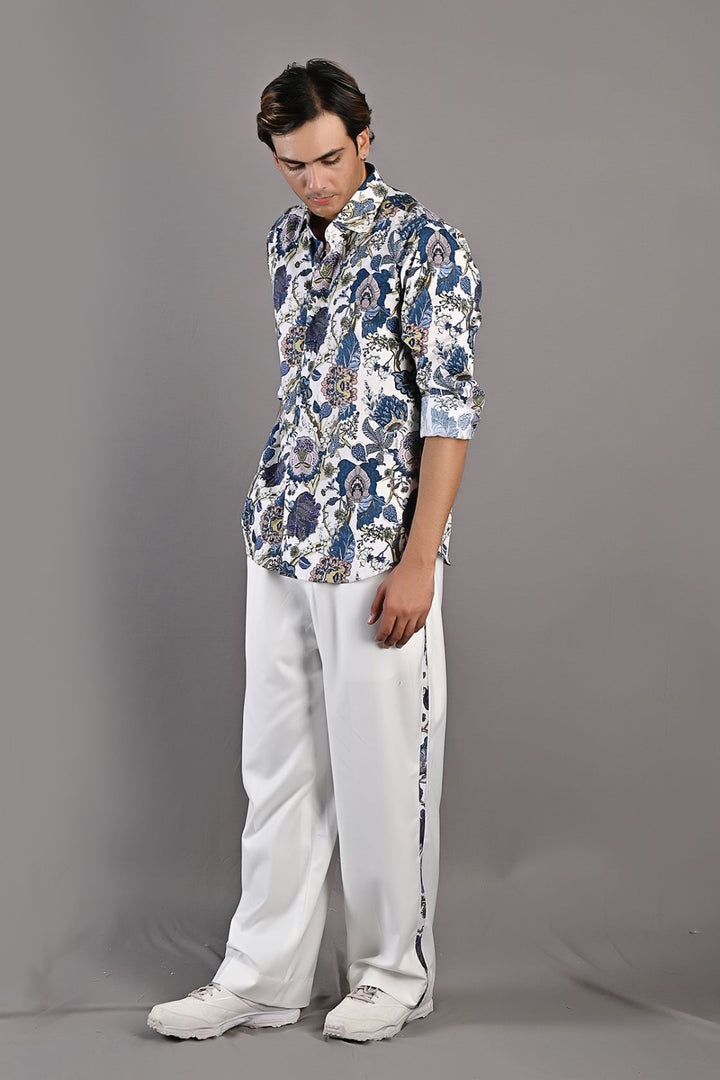 Avel - Multi Blue Printed Shirt with Off-White Pant Set