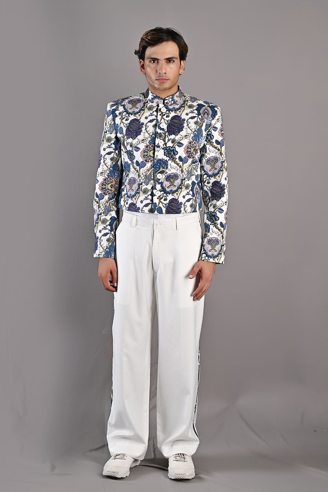 Dermot - Multi Blue Printed Short Jacket With Shirt & Pant Set