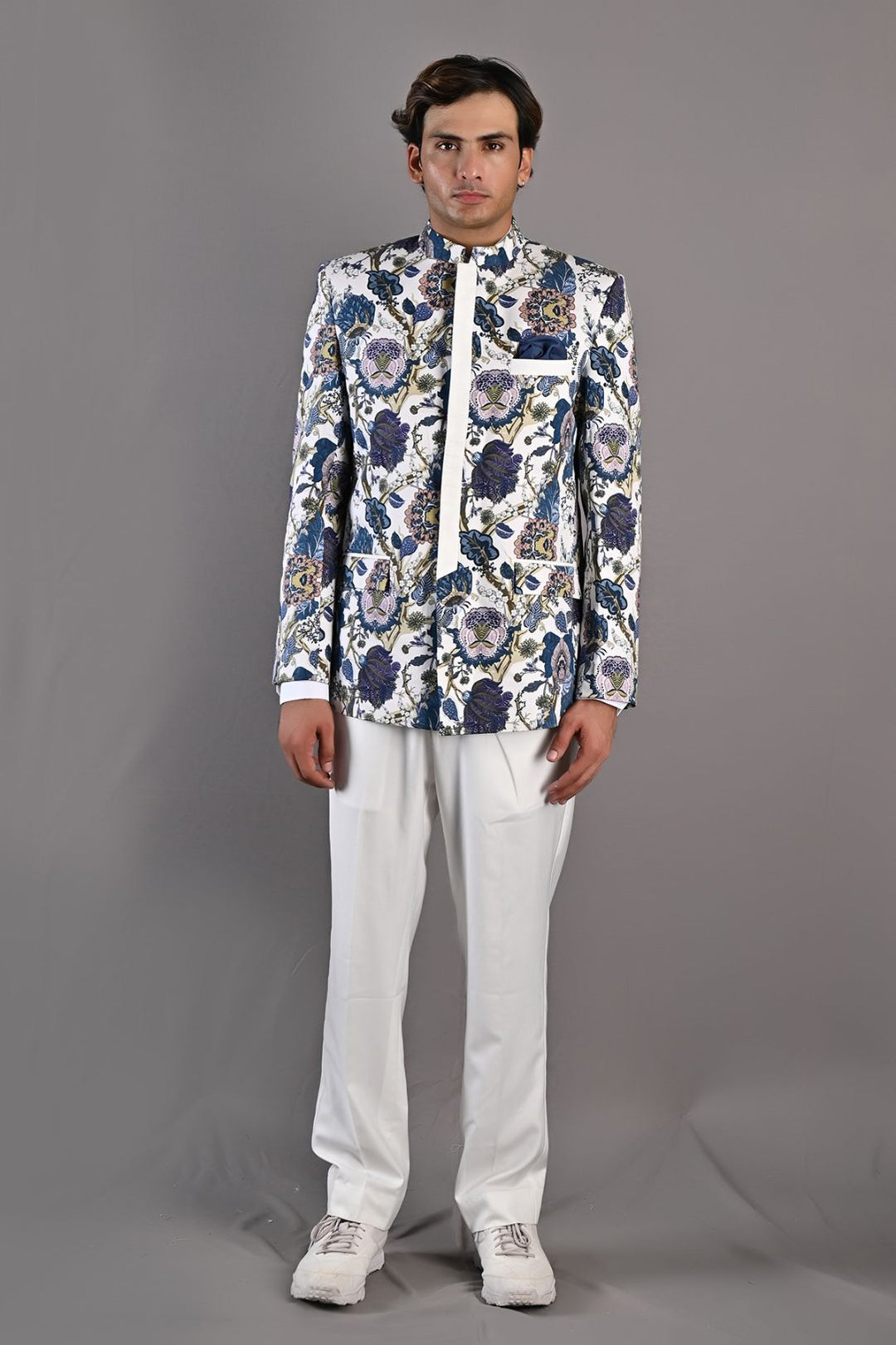 Karl - Multi Blue Printed Bandhgala Jacket Set with pant