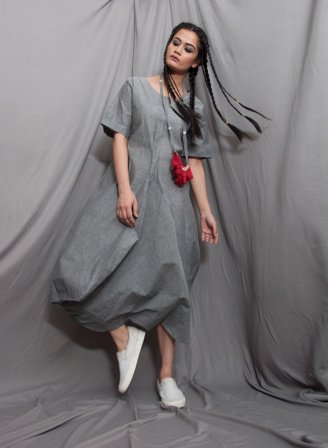 Natura - Grey Cowl Dress with Necklace