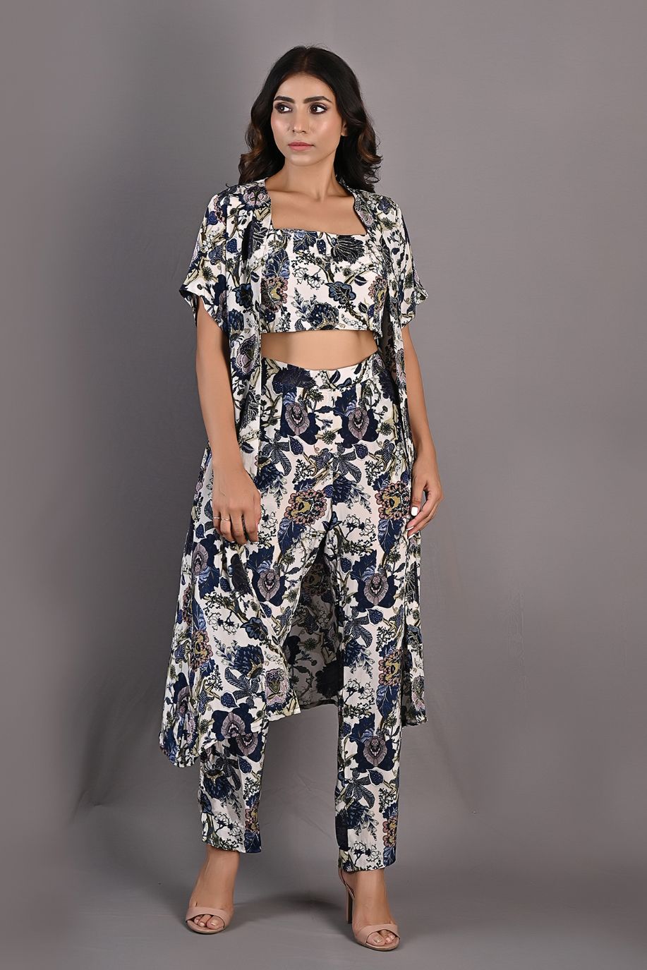 Alyssa- Printed Co-ord Embroidery Top with Pants and Cape Set