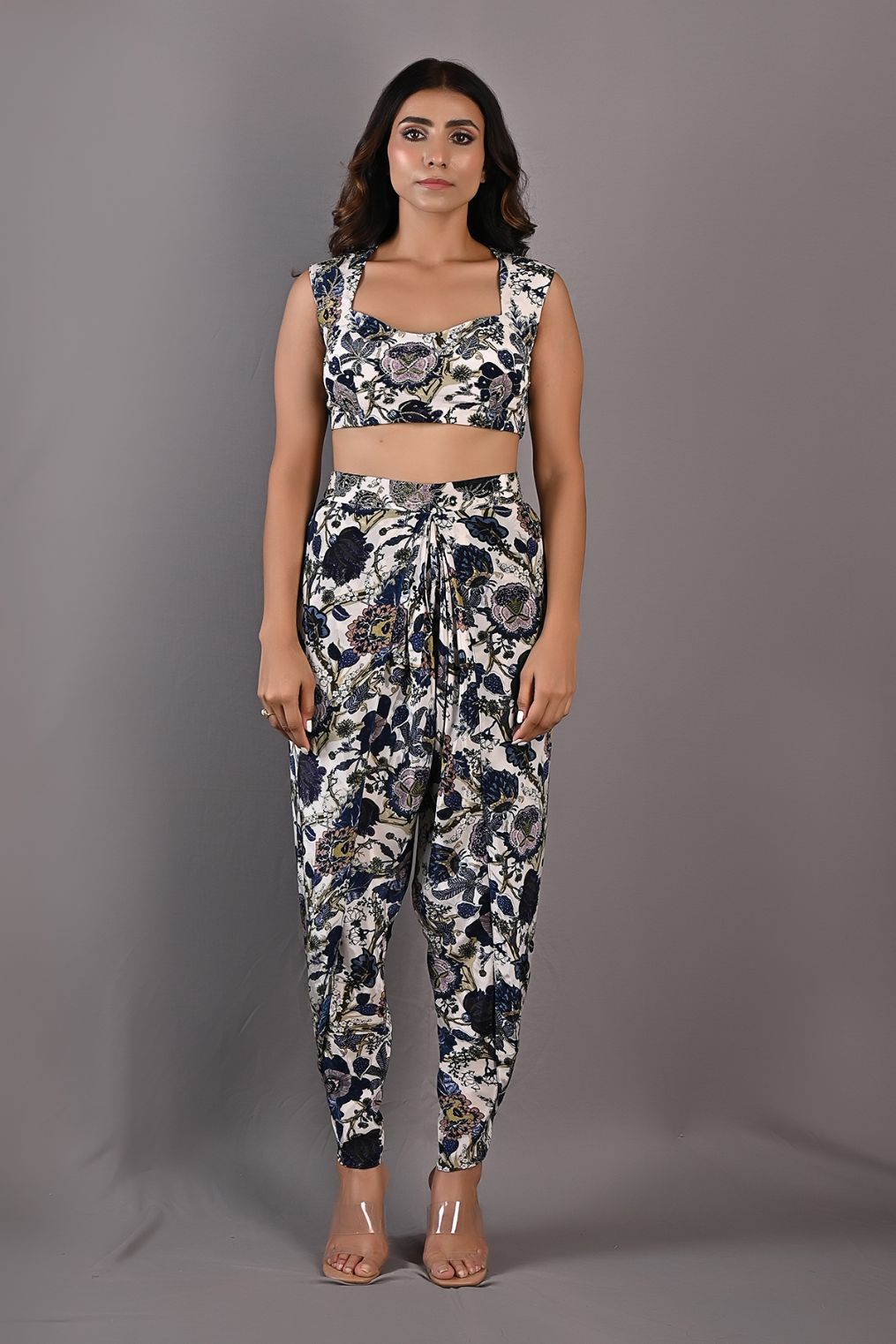 Cynthia- Printed Co-ord Embroidery Blouse with Draped Dhoti & Cape Set