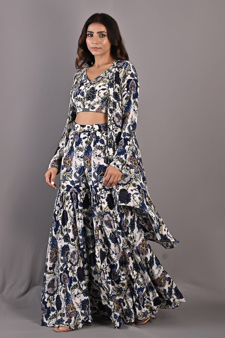 Cassia - Off White & Multi-Blue Printed & Embroidered Crop Top With Cape & Sharara Set