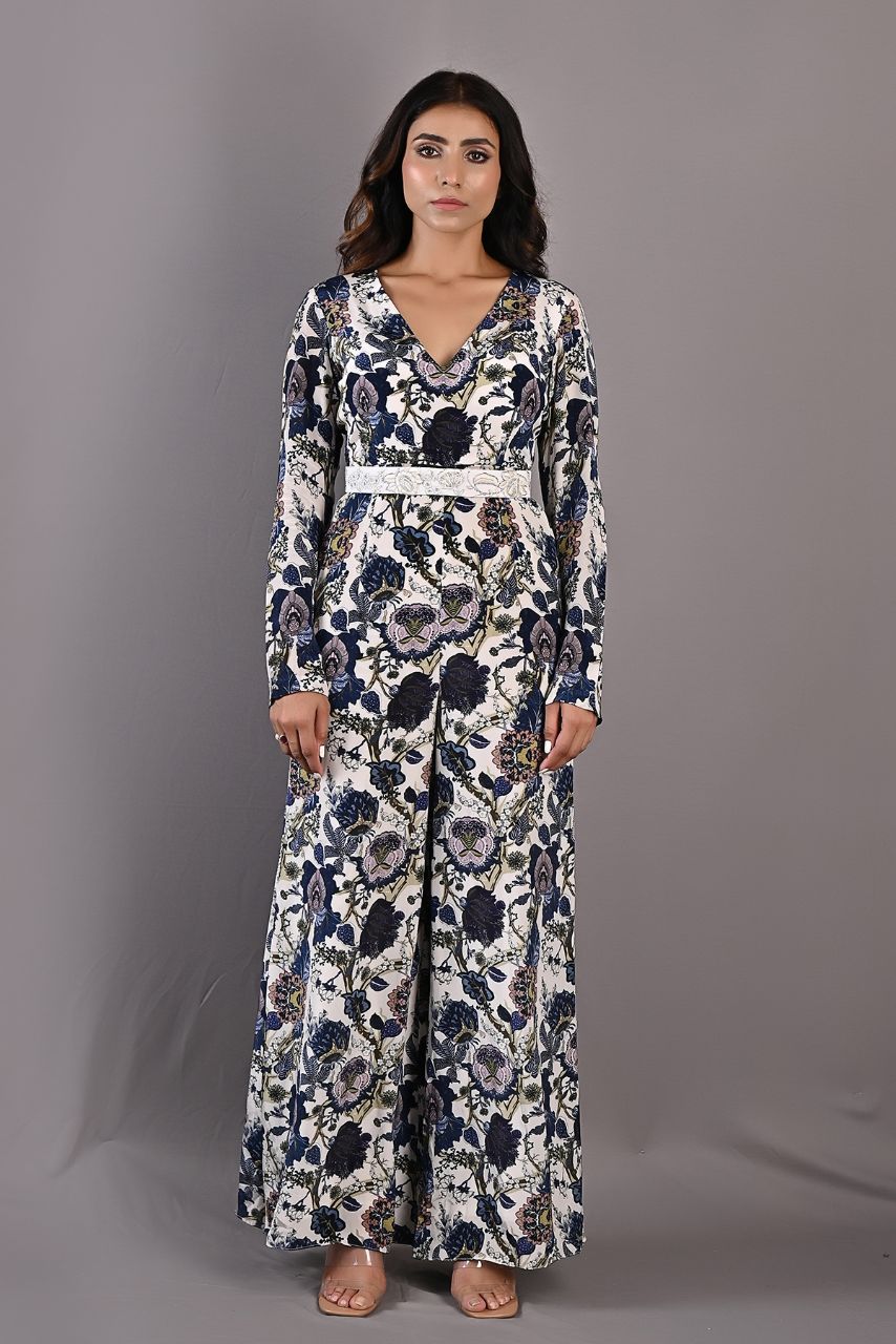Dahlia- Printed Jumpsuit with Embroidered Off White Belt