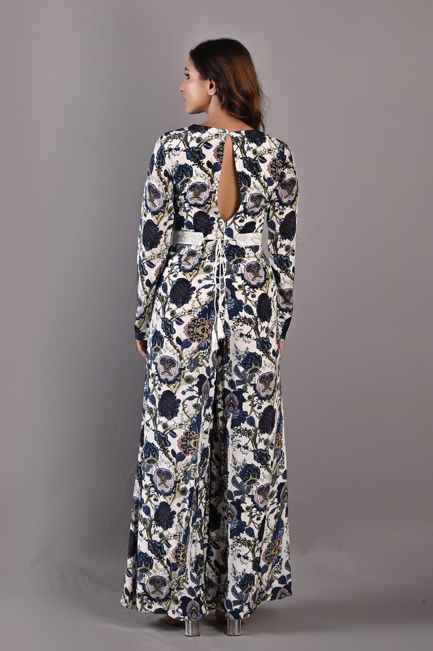 Dahlia- Printed Jumpsuit with Embroidered Off White Belt