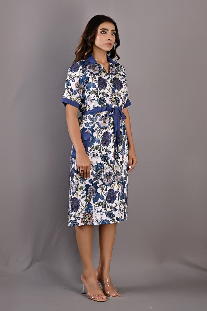 Delphine- Printed Shirt Dress with Attached Fabric Belt
