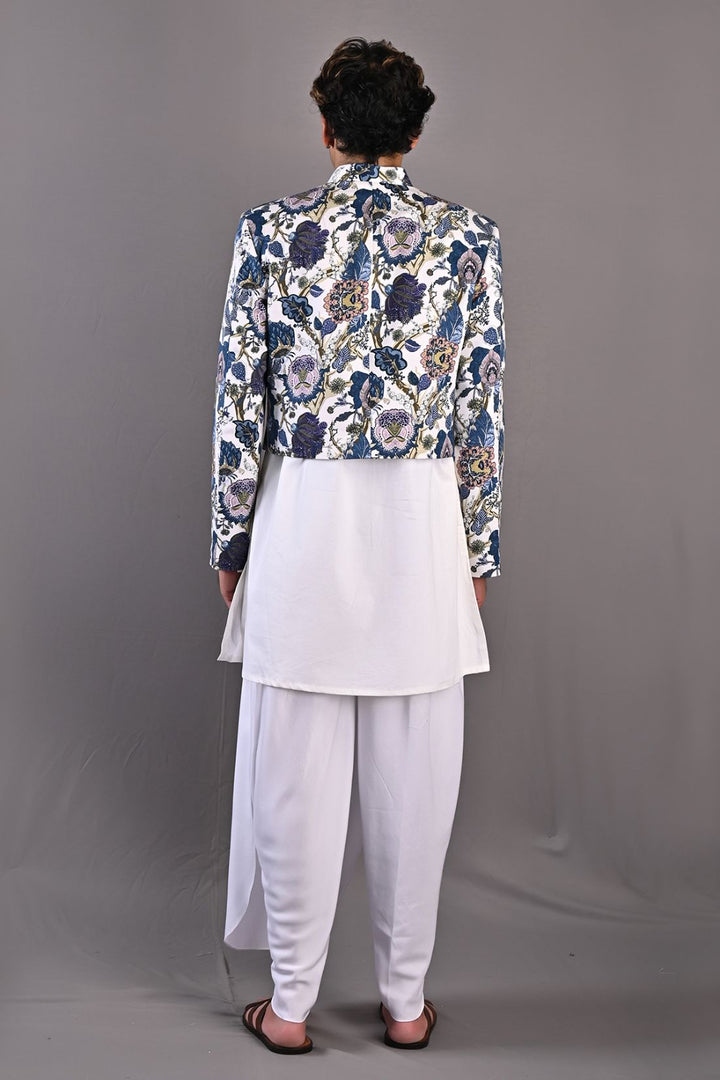 Roosevelt - Multi Blue Printed Short Jacket With Off White Kurta & Tulip Pant Set