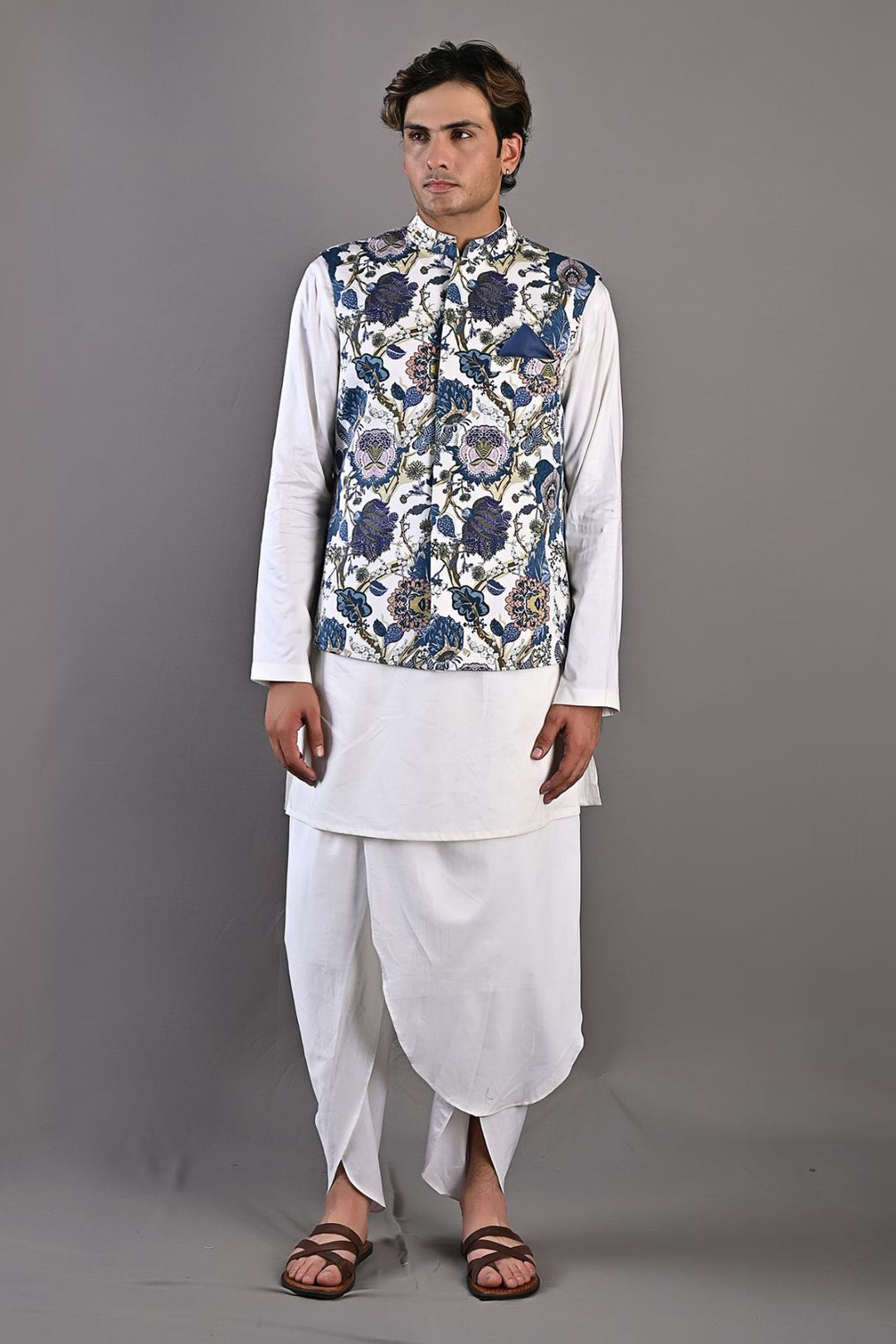 Zephyr- Multi Blue Printed Nehru Jacket with Off-White Kurta & Tulip Pant Set