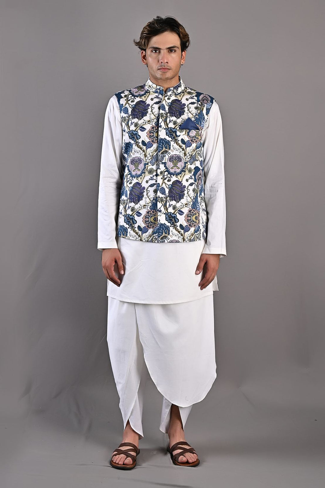 Zephyr- Multi Blue Printed Nehru Jacket with Off-White Kurta & Tulip Pant Set