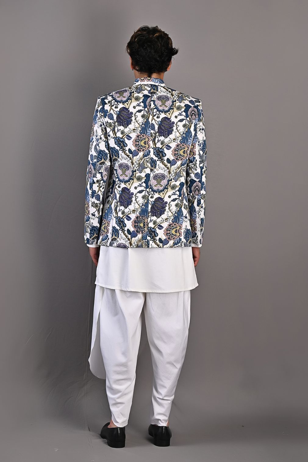 Cedar - Multi Blue Printed Bandhgala Jacket With Off White Kurta & Tulip Pant Set