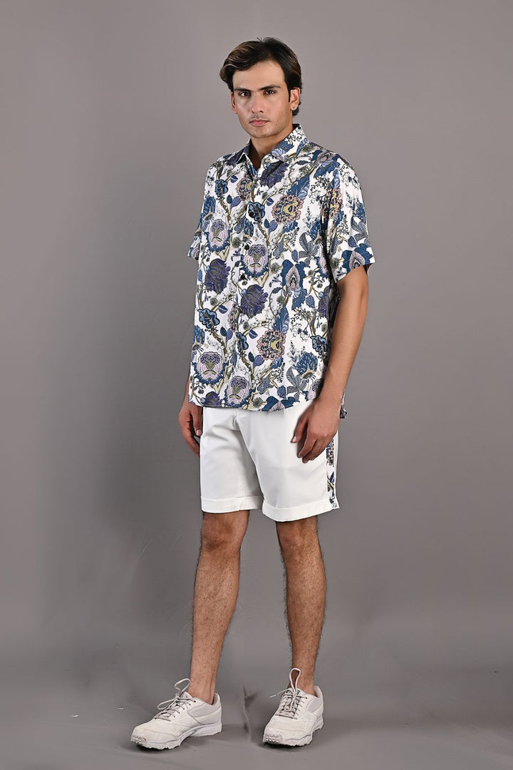 Caesar - Multi Blue Printed Shirt with Off-White Shorts Set