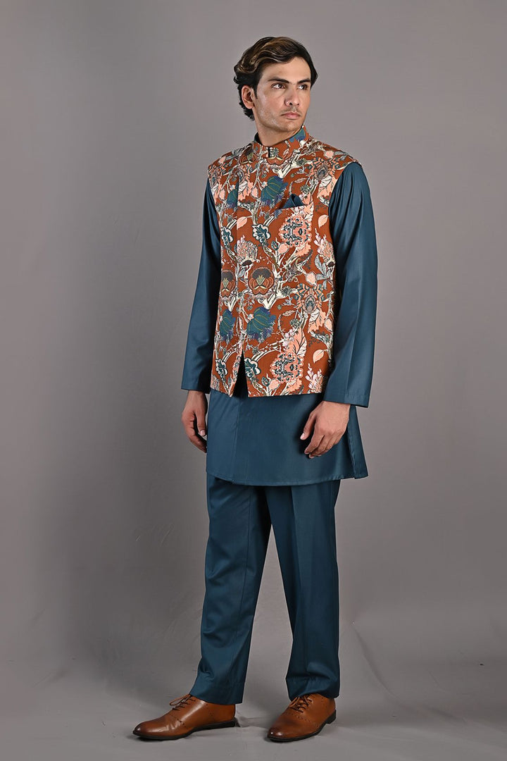 Fiore - Maroon & Multi Printed Nehru Jacket with Teal Green Kurta Set