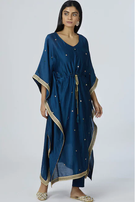 Chanderi Silk Kaftan Pant Set in Turquoise Blue