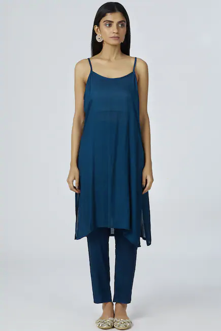 Chanderi Silk Kaftan Pant Set in Turquoise Blue