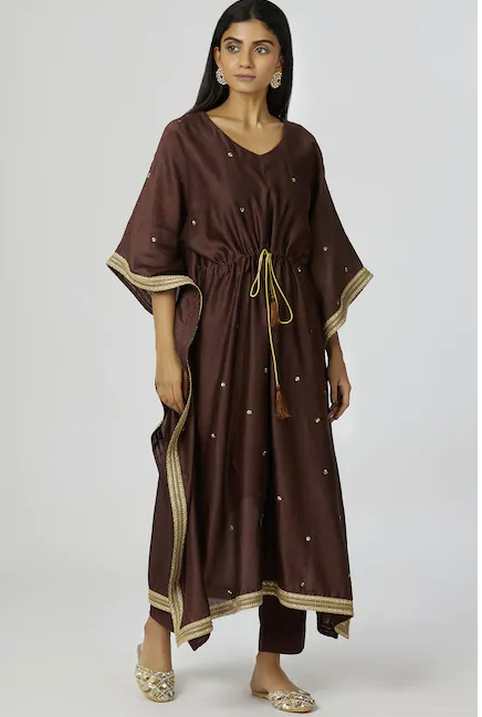 Chanderi Silk Kaftan Pant Set in Brown