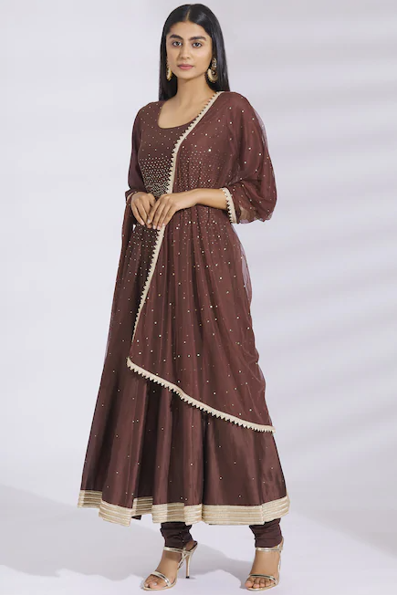 Embellished Chanderi Silk Anarkali Set in Brown