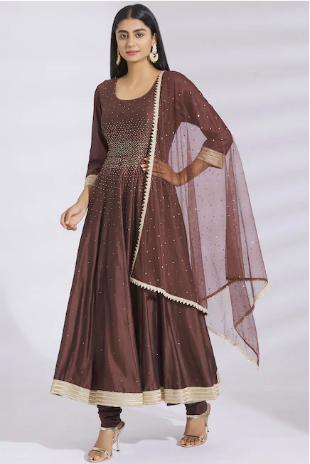 Embellished Chanderi Silk Anarkali Set in Brown