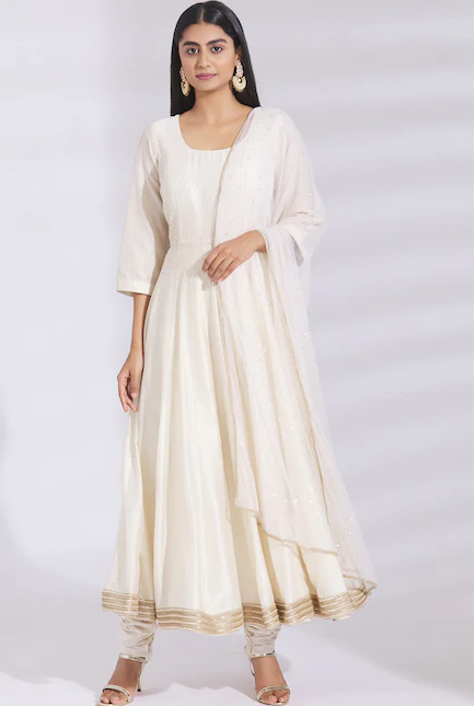 Embellished Chanderi Silk Anarkali Set in Off-White