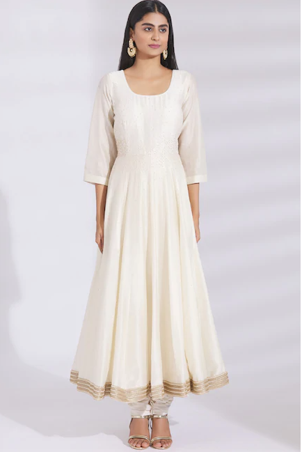Embellished Chanderi Silk Anarkali Set in Off-White