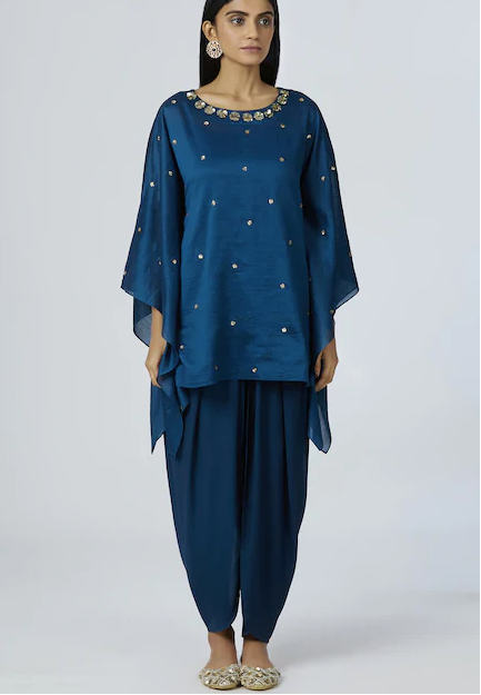 Embellished Kaftan Dhoti Pant Set in Turquoise Blue