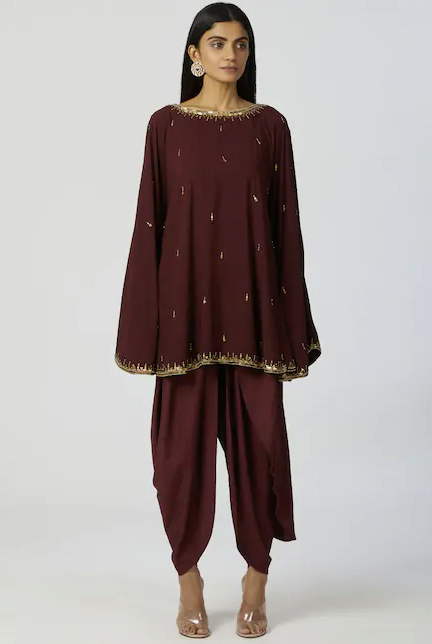 Embellished Kaftan & Dhoti Pant Set in Brown